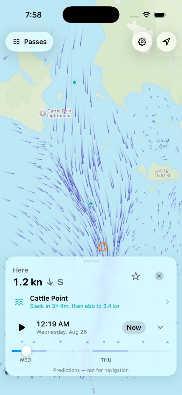 Current Charts app: tap-anywhere reading showing 1.2 knots setting south off Cattle Point