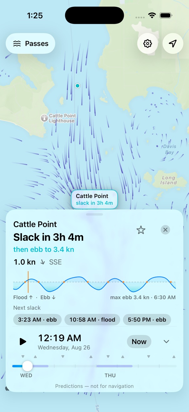 Current Charts app: Cattle Point station card — slack in 3h 4m, flood/ebb curve, next slack times