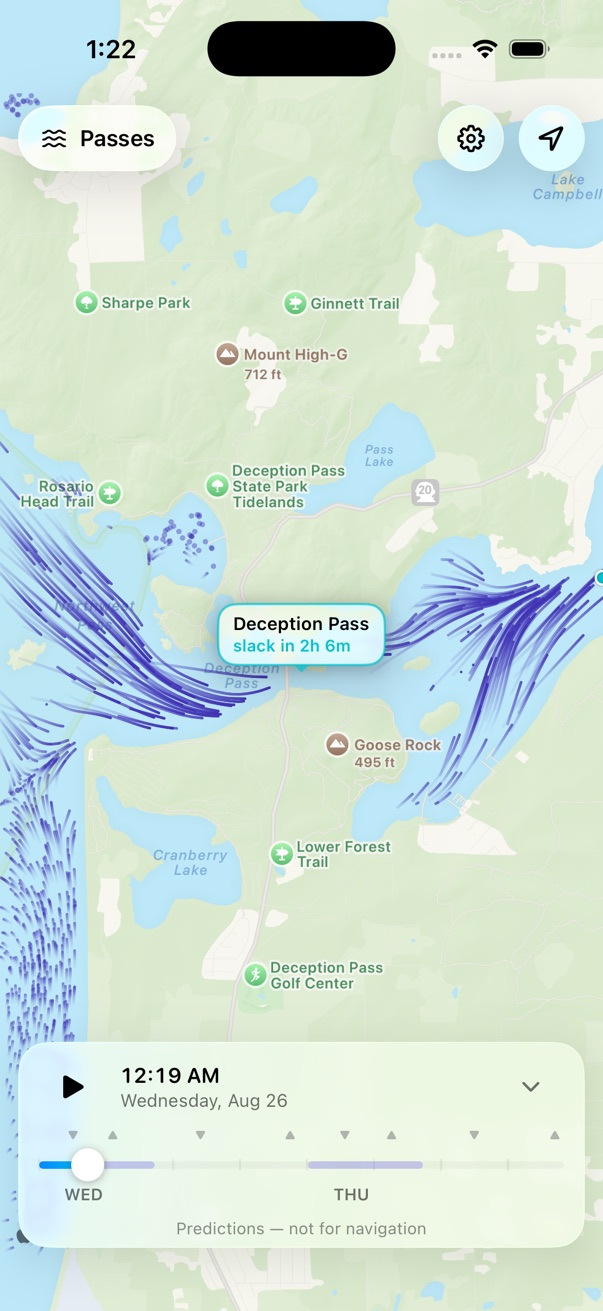 Current Charts app: deep zoom on Deception Pass with live current trails and eddies